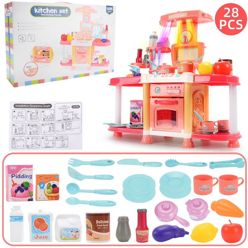 New pretend play house sound light tableware easy to handle set toys big kitchen toy for girls