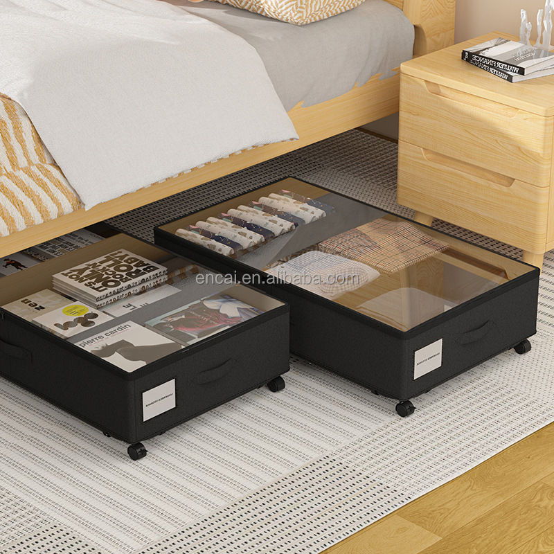 Under Bed Storage with Wheels Rolling Underbed Storage Containers with Clear Lids for Shoe Clothes Blankets Sheets Dorm Room