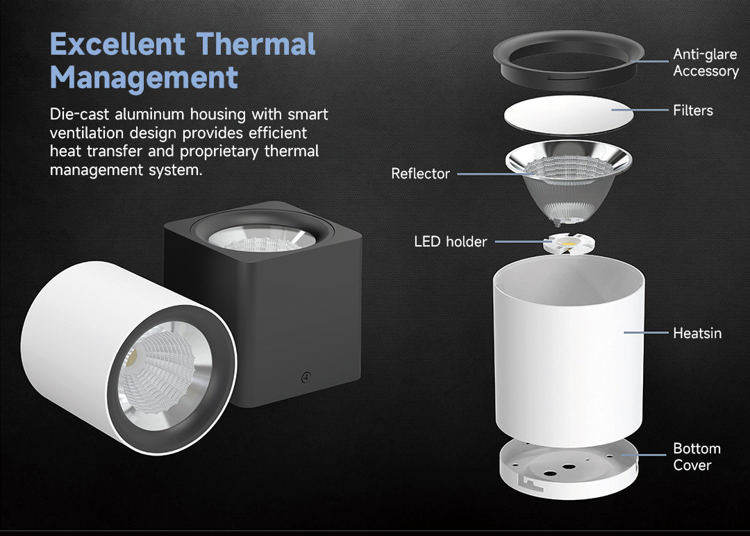 5 years warranty ceiling spotlight surface mounted square dimmable cylinder light 10W 20W adjustable led down light