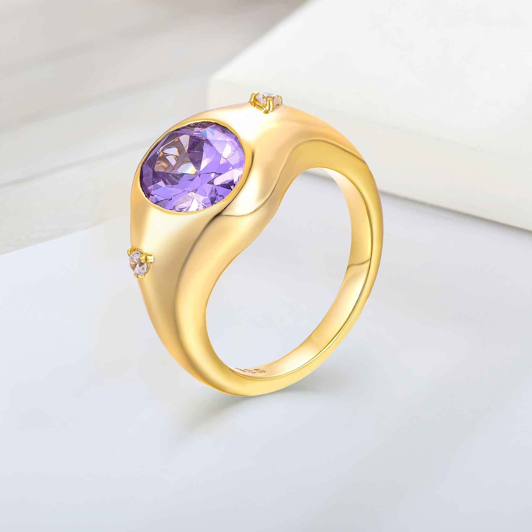 Wholesale Price Jewelry Crystal Round Stone Ring 925 Sterling Silver Rings Plating Raw Healing Amethyst Crystal Gold Plated