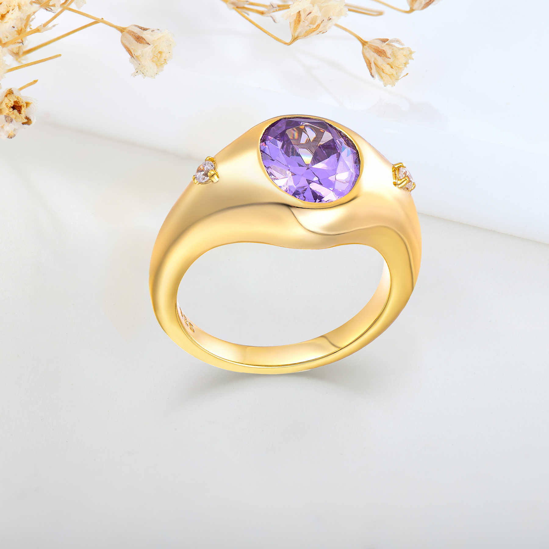 Wholesale Price Jewelry Crystal Round Stone Ring 925 Sterling Silver Rings Plating Raw Healing Amethyst Crystal Gold Plated