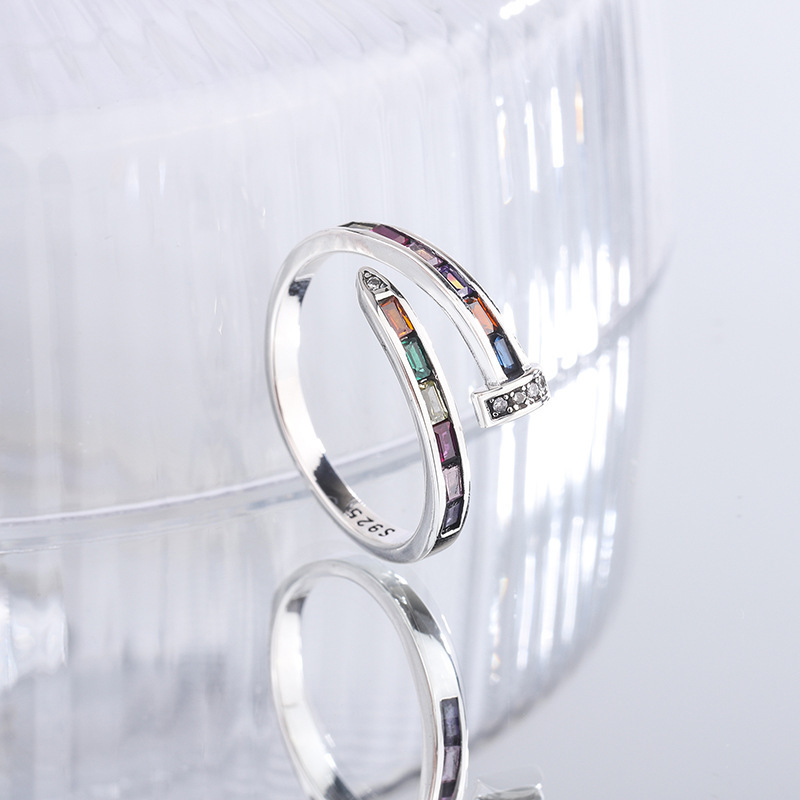 S925 sterling silver rainbow diamond nail ring, female niche zirconia open ring, high-end and versatile new index finger ring