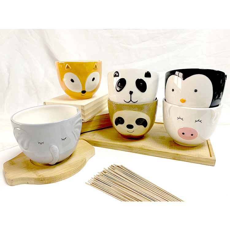 Ceramic Bowl with Chopsticks Handpainting Stoneware Animal Noodle Bowl Ramen Bowl with Chopsticks