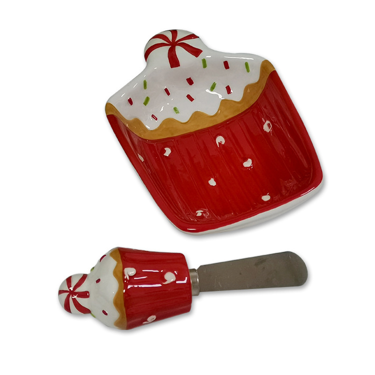 Santa Ceramic Butter Dish With Knife Dolomite Handpainting Christmas Candy Bowl Wholesale Cheese Bowl With Spreader Set