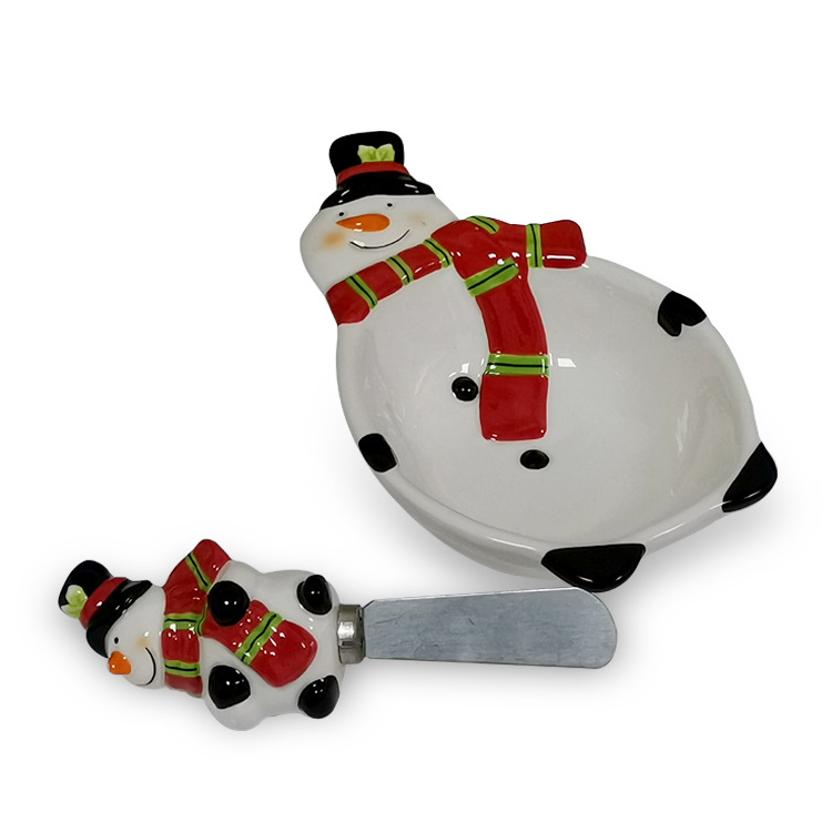 Santa Ceramic Butter Dish With Knife Dolomite Handpainting Christmas Candy Bowl Wholesale Cheese Bowl With Spreader Set