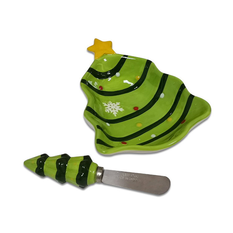 Santa Ceramic Butter Dish With Knife Dolomite Handpainting Christmas Candy Bowl Wholesale Cheese Bowl With Spreader Set