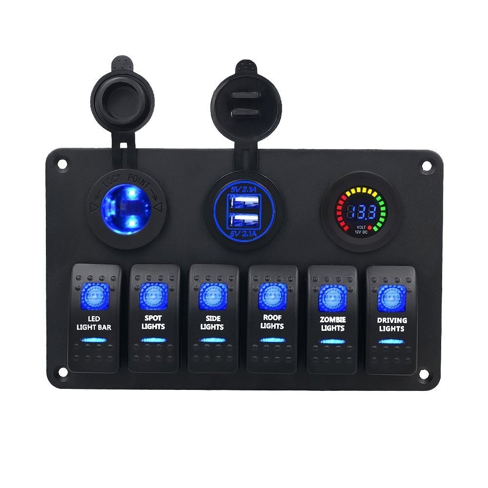 Waterproof 6 Gang LED Rocker Switch Panel Electrical Circuit Breaker Marine Boat