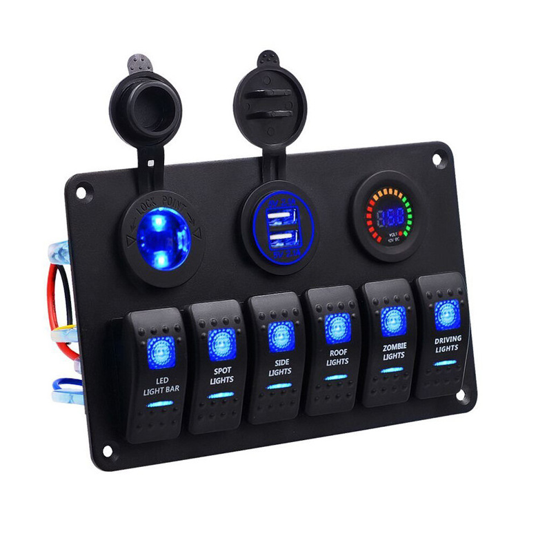 Waterproof 6 Gang LED Rocker Switch Panel Electrical Circuit Breaker Marine Boat