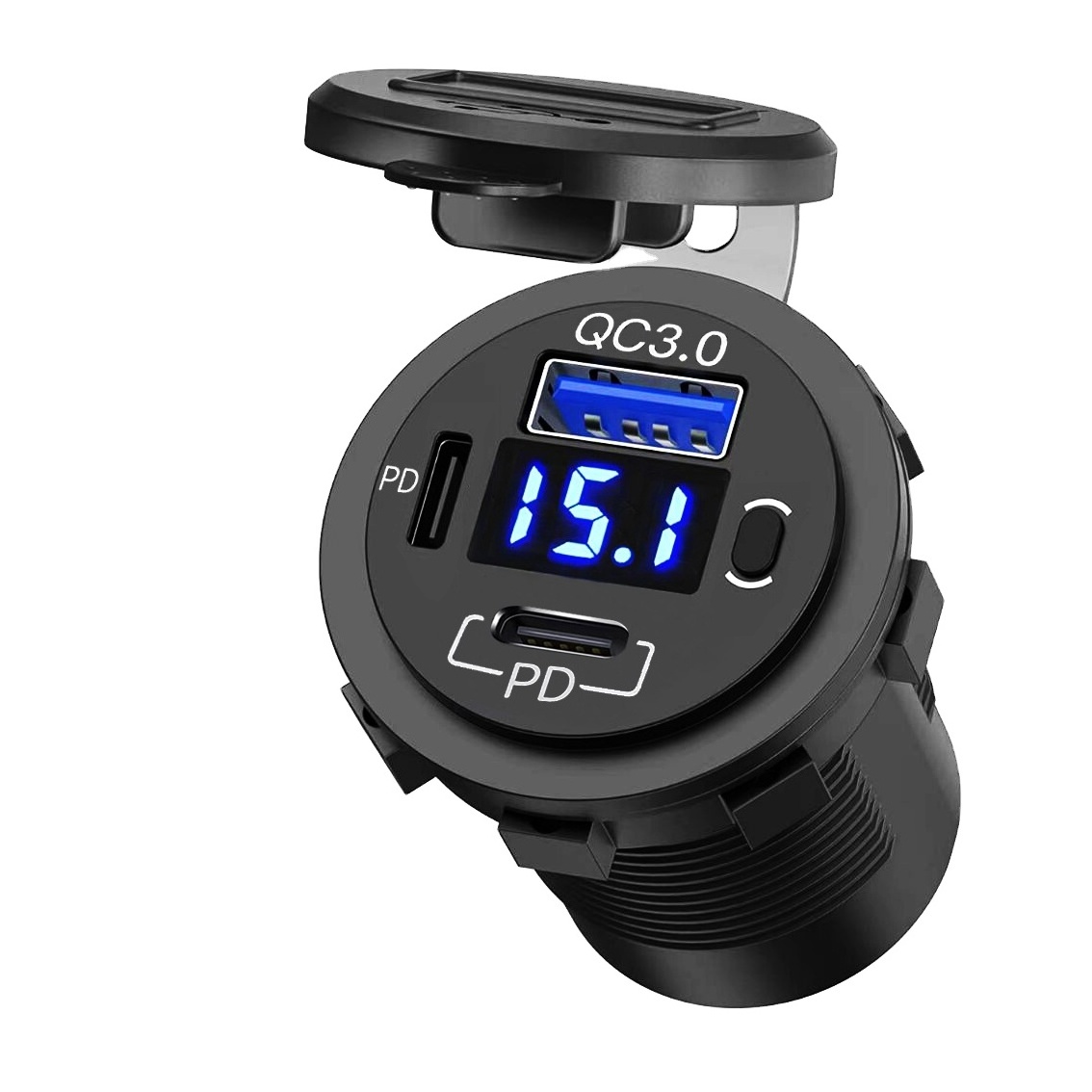 Dual PD and QC3.0 Port Car Charger Socket, 12V USB Outlet with Voltmeter and Power Switch for Car Boat Mari