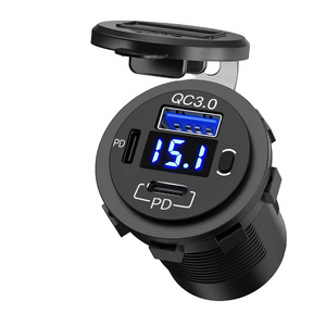 Dual PD and QC3.0 Port Car Charger Socket, 12V USB Outlet with Voltmeter and Power Switch for Car Boat Mari