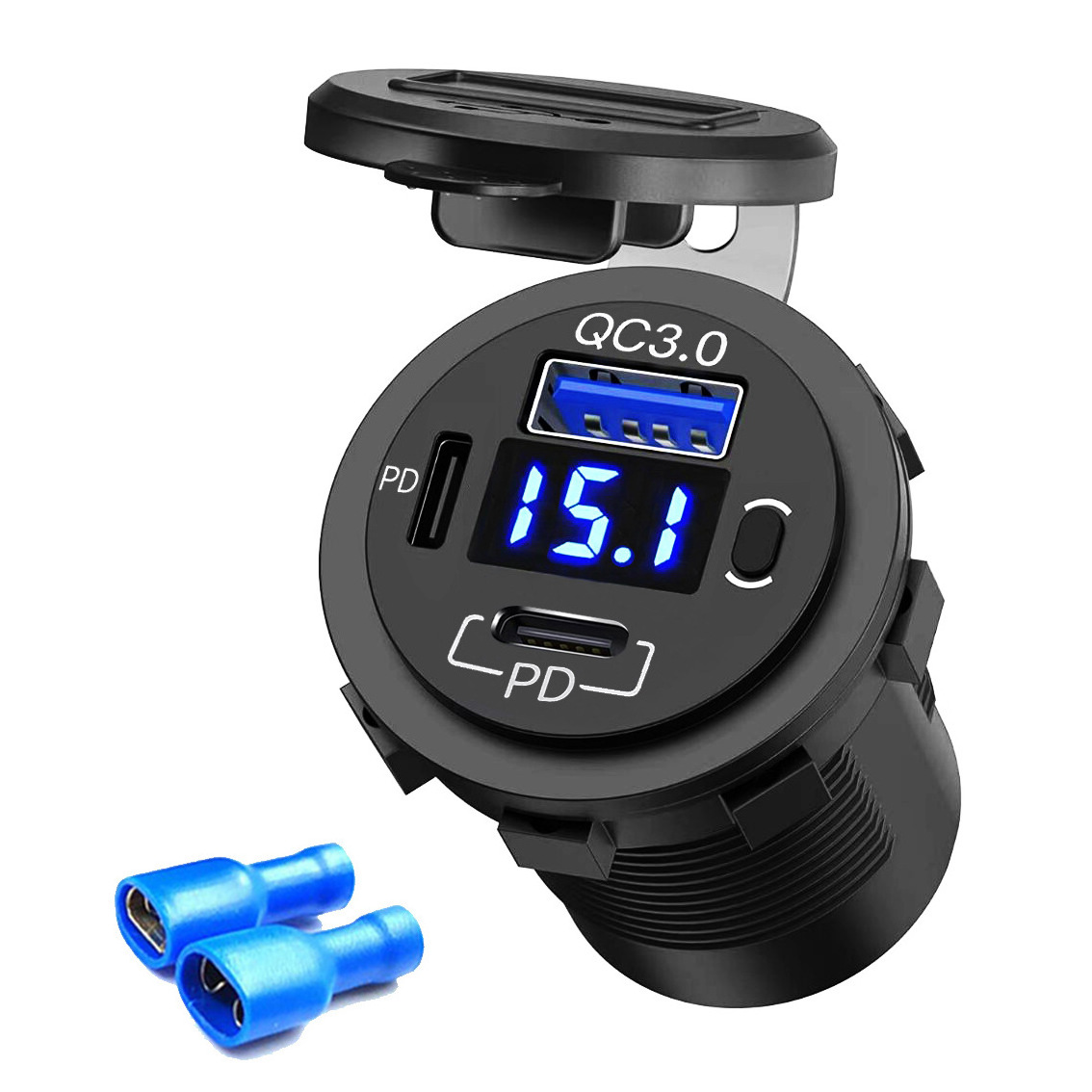 Dual PD and QC3.0 Port Car Charger Socket, 12V USB Outlet with Voltmeter and Power Switch for Car Boat Mari