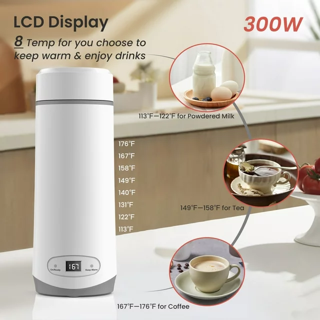 Portable Small Mini Hot Water Boiler 304 Stainless Steel Electric Thermos Heated Travel Cup for Tea Coffee Milk