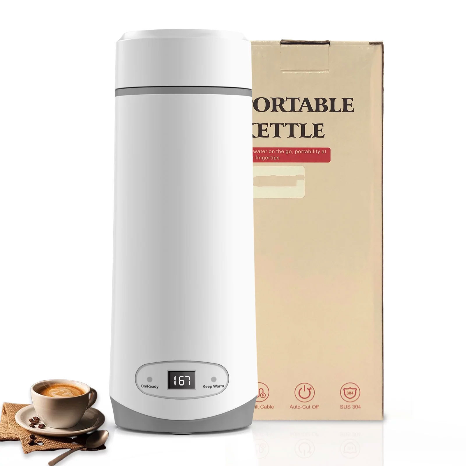 Portable Small Mini Hot Water Boiler 304 Stainless Steel Electric Thermos Heated Travel Cup for Tea Coffee Milk