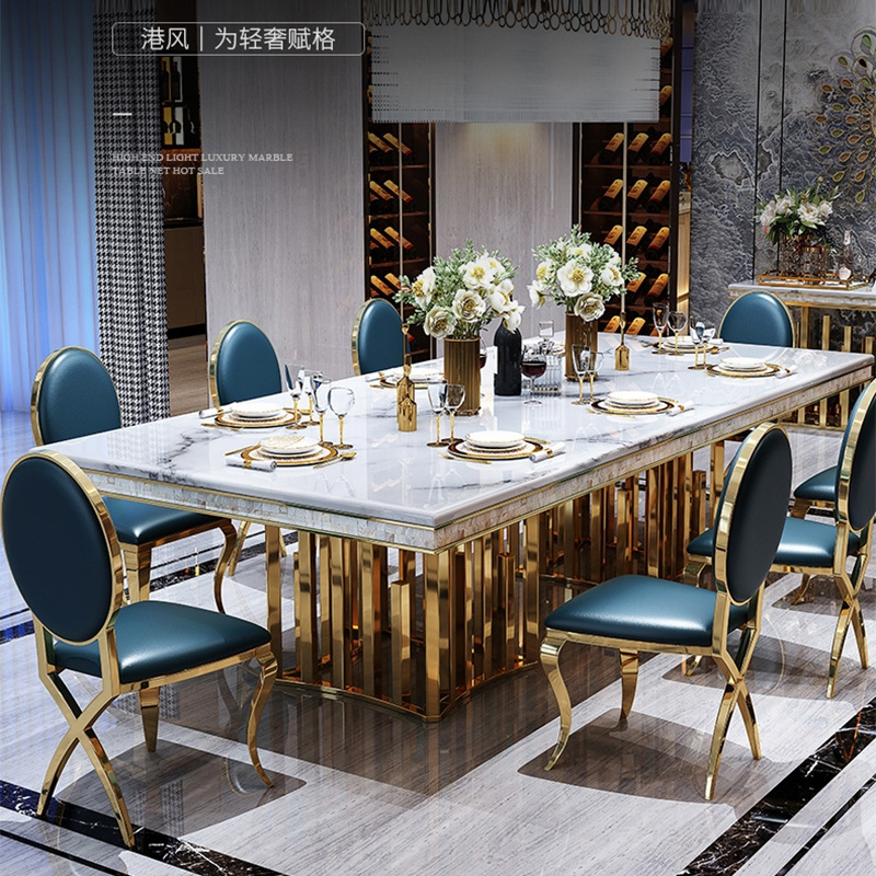 Luxury large rectangular Brass gold stainless steel leg marble top dining table and chair set for wedding dining room furniture