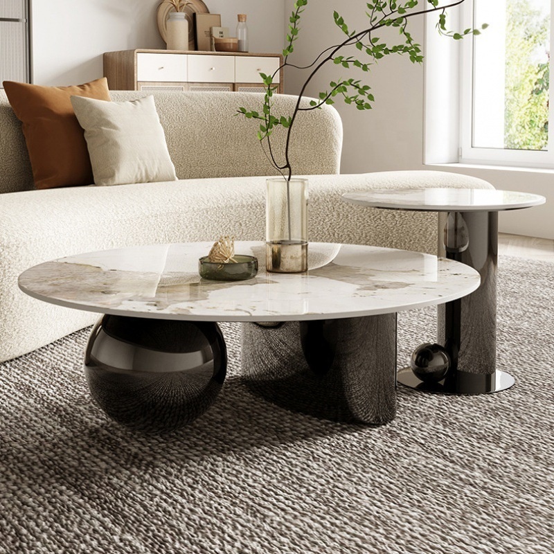 Luxury round coffee table and side table combination with stainless steel frame sintered stone for living room furniture