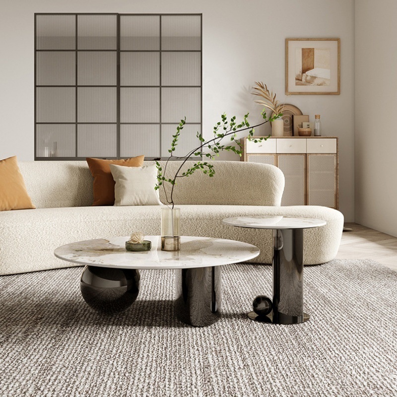 Luxury round coffee table and side table combination with stainless steel frame sintered stone for living room furniture