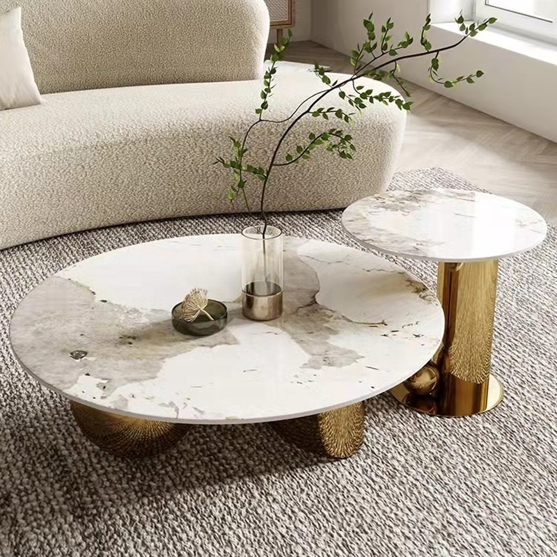 Luxury round coffee table and side table combination with stainless steel frame sintered stone for living room furniture