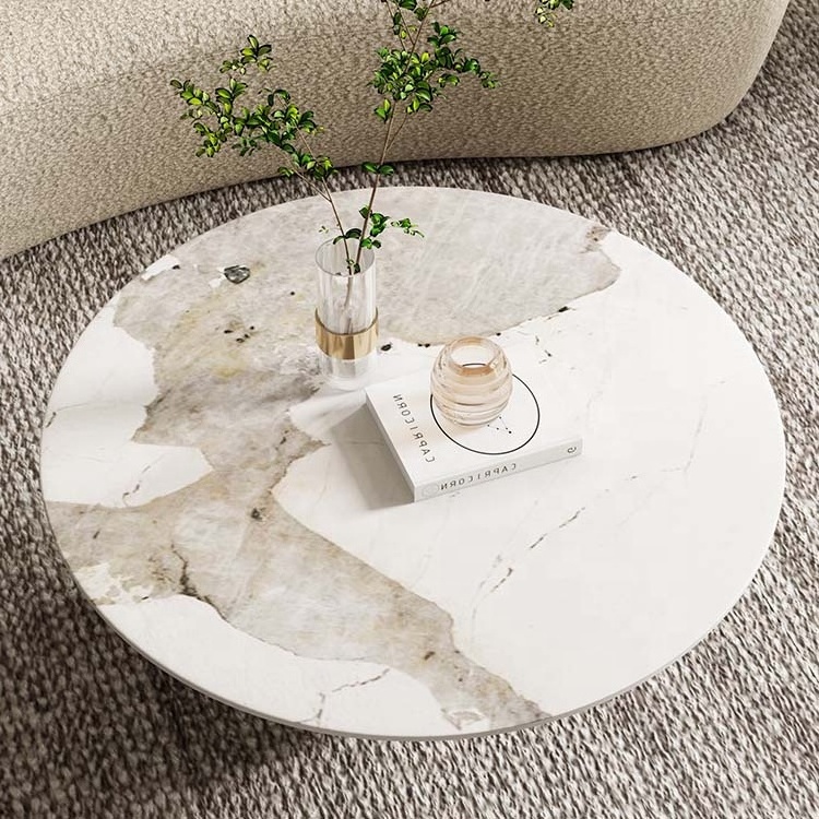 Luxury round coffee table and side table combination with stainless steel frame sintered stone for living room furniture