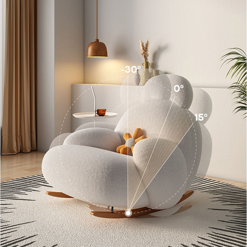 Nordic Modern Apartment Living Room White Fabric Rocking Lazy Chair Plush Upholstered Recliner Sofa Chairs With Stool