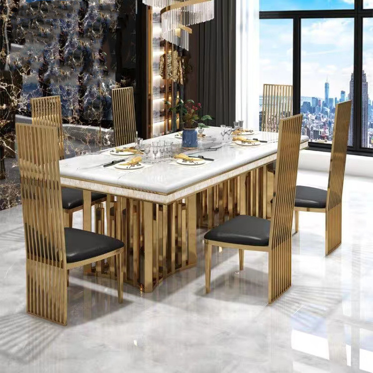 Luxury large rectangular Brass gold stainless steel leg marble top dining table and chair set for wedding dining room furniture