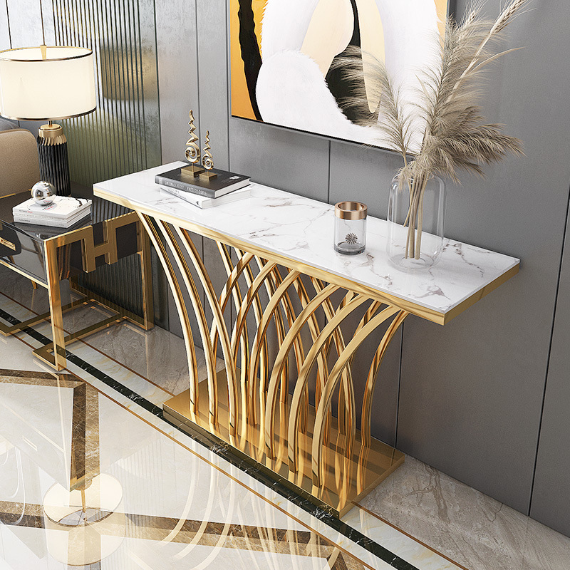 Luxury Modern Gold Stainless Steel Console Table Marble Top Rectangle Hallway Table for Home Hotel furniture