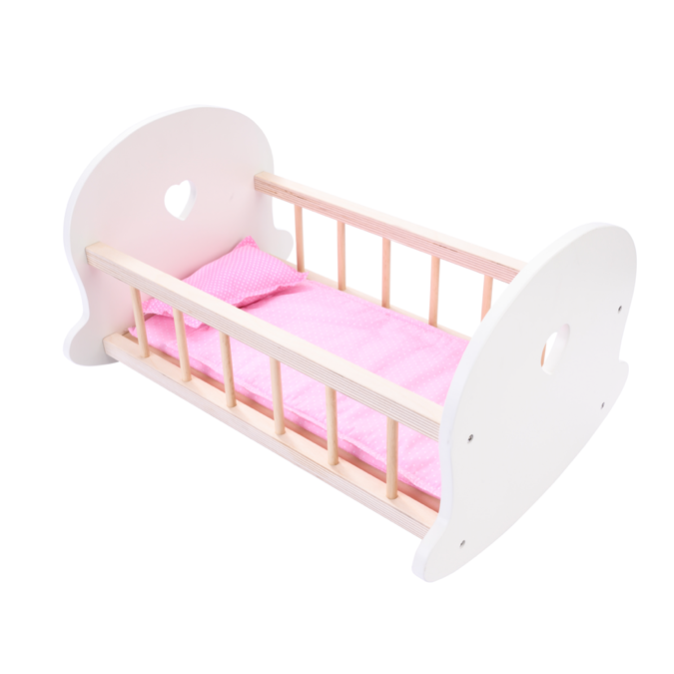 Doll swinging rocking bed made of plywood with pink dotted Mattress, sheet and pillow