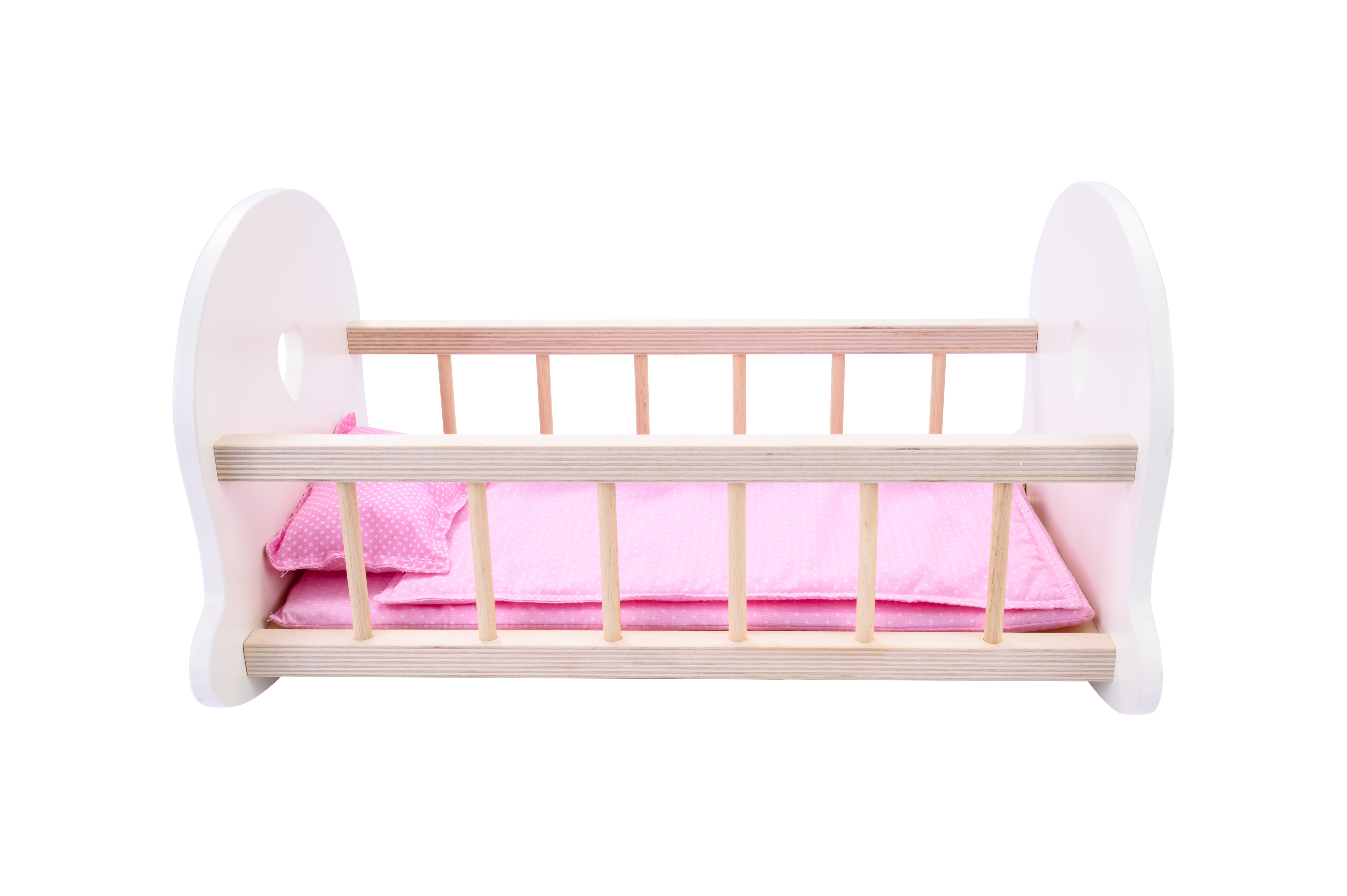 Doll swinging rocking bed made of plywood with pink dotted Mattress, sheet and pillow