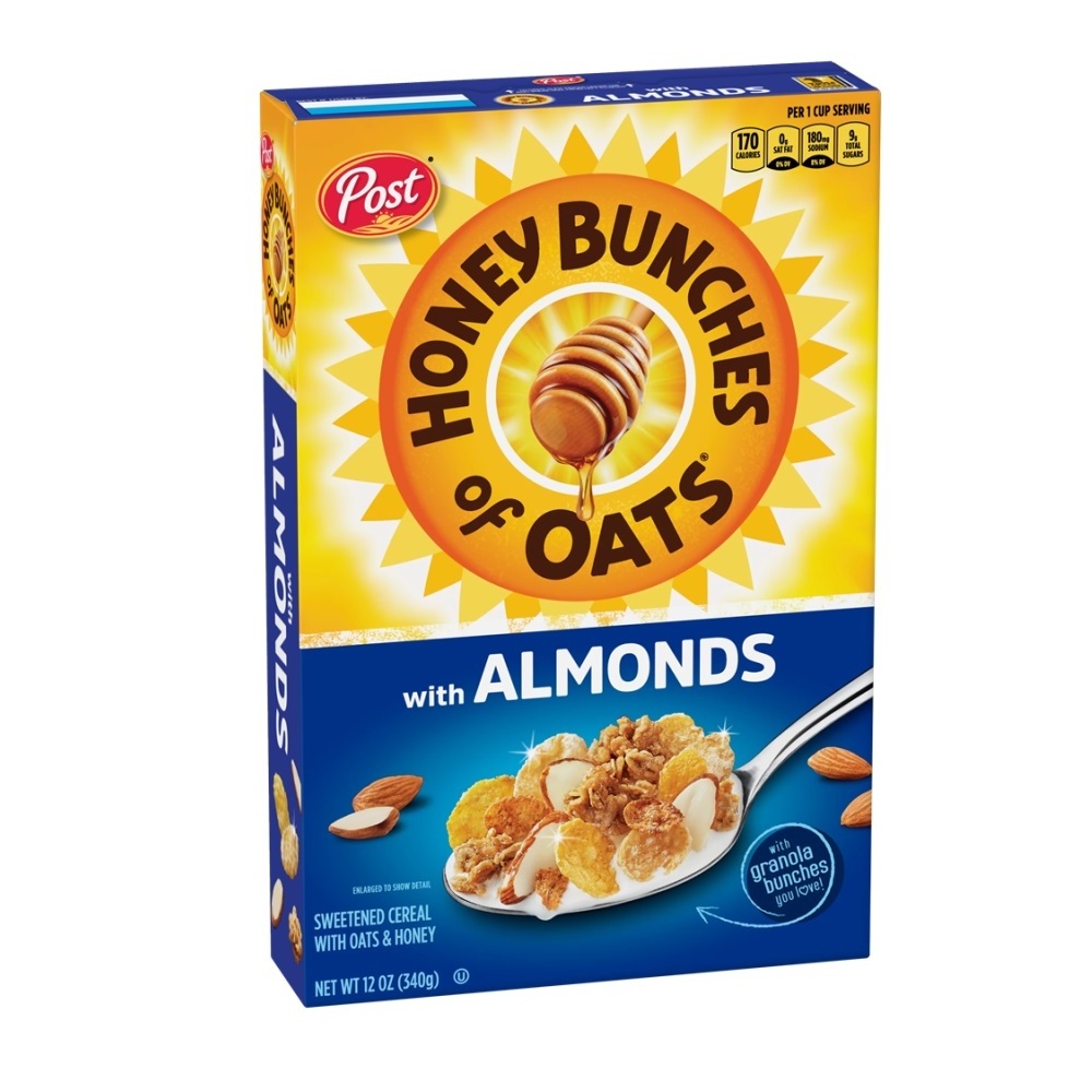 POST Honey Bunches of Oats (Almond) Grain Products Box Packaging Crispy Flakes Whole Grain Wheat Rolled Oats Cereal