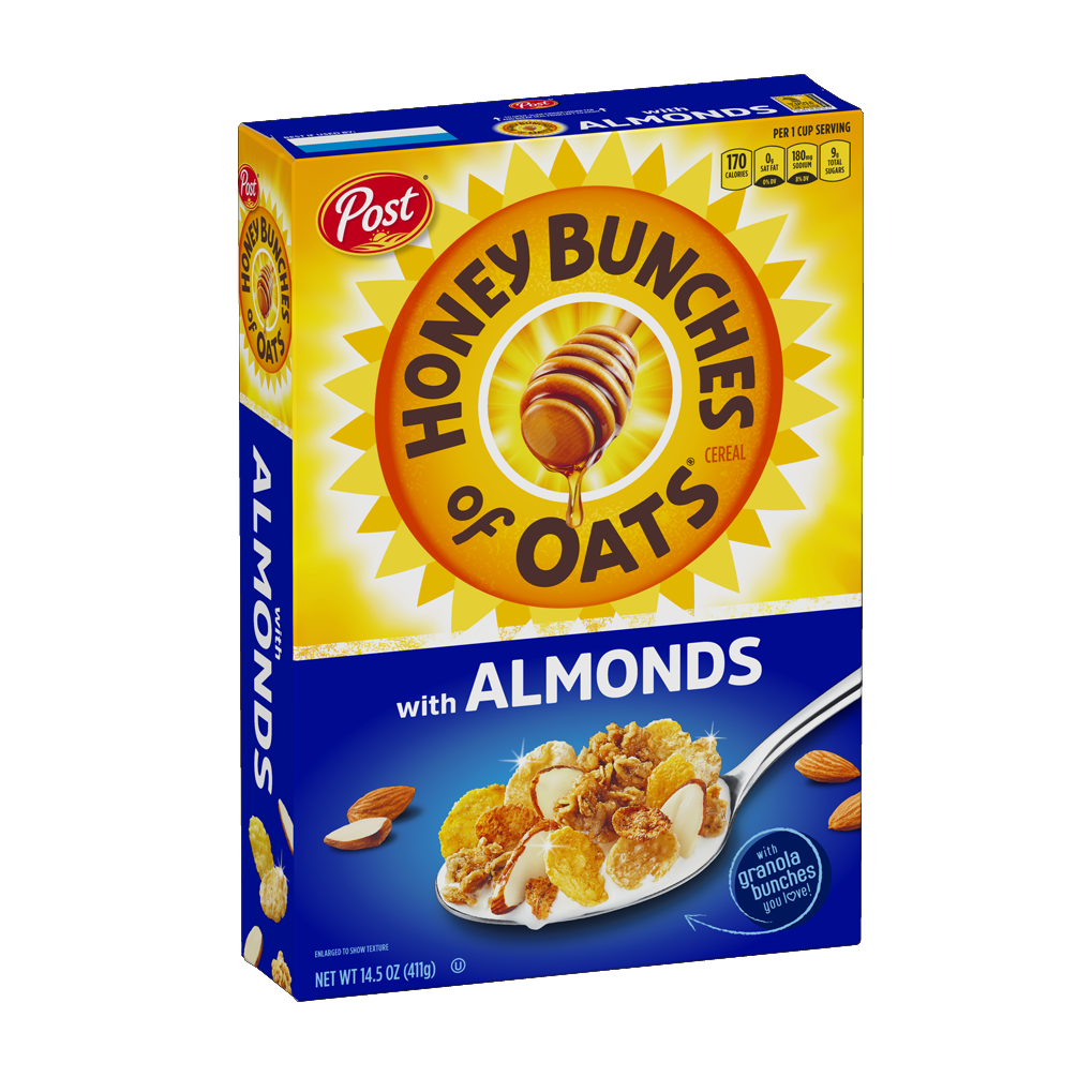 POST Honey Bunches of Oats (Almond) Grain Products Box Packaging Crispy Flakes Whole Grain Wheat Rolled Oats Cereal