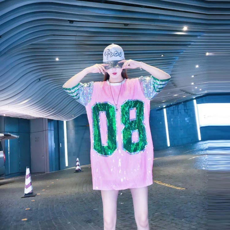 black pink green wholesale hip hop performance high quality jersey custom party womans 08 mini sorority sequin t shirts dresses