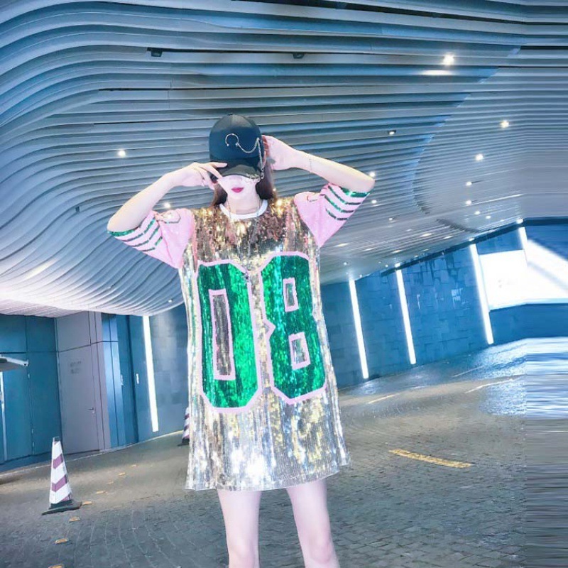 black pink green wholesale hip hop performance high quality jersey custom party womans 08 mini sorority sequin t shirts dresses