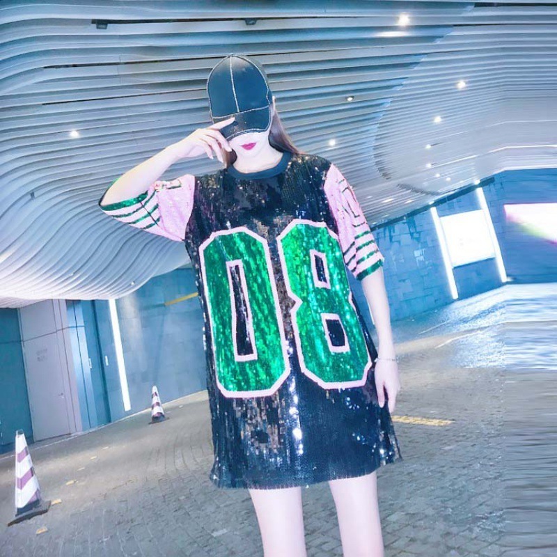 black pink green wholesale hip hop performance high quality jersey custom party womans 08 mini sorority sequin t shirts dresses