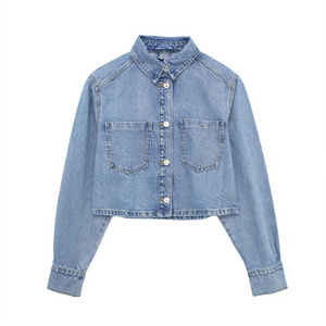 2023 wholesale plain blazer ladies long sleeve button down crop tops custom denim jean short shirt jackets for women suppliers