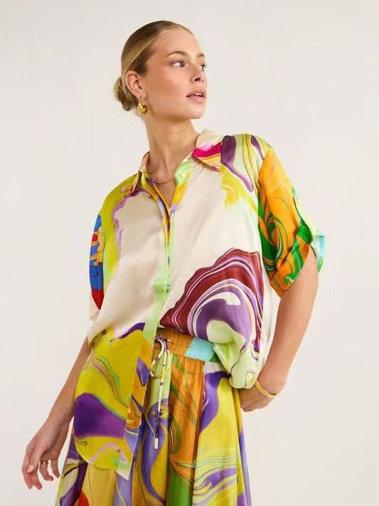 RedPeony Elegant Half Long Sleeve Women's Long Dress Set Fashionable Spring And Autumn Silk Printed Loose Top Shirt Dress