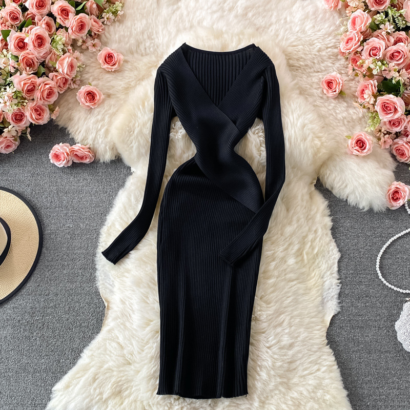 RedPeony Women Chic Fashion Black Sweater Dress Outfits Clothes  V-neck Autumn Winter Elegant Ribbed Knitted Bodycon Dress