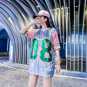 black pink green wholesale hip hop performance high quality jersey custom party womans 08 mini sorority sequin t shirts dresses