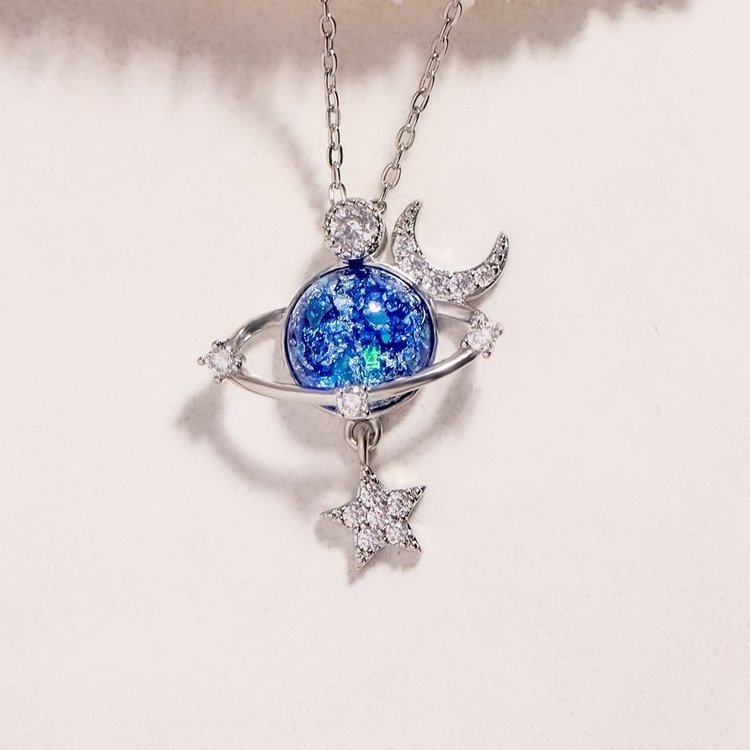 925 sterling silver fashion jewelry pendent necklaces Star Moon Zircon Space Planet Necklace