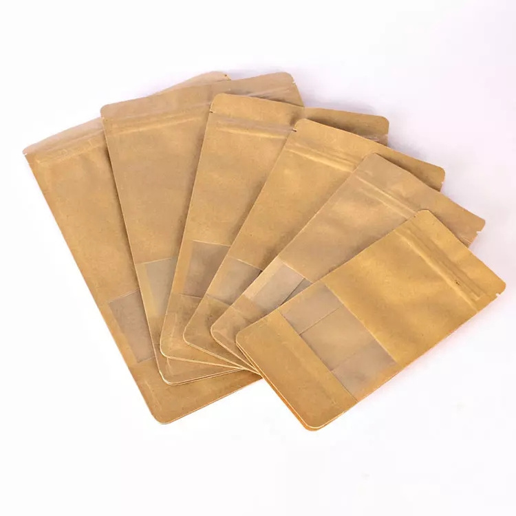 Wholesale Printed Clear Window Compostable Stand Up Unprinted Pouch Brown Kraft Zipper Paper Bag