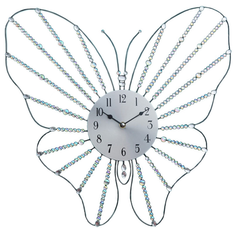 Black Iron Butterfly Wall Clock Big With Clear Acrylic Stones Jeweled For Home Indoor Decoration