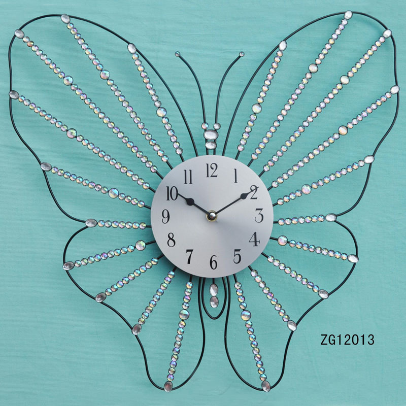 Black Iron Butterfly Wall Clock Big With Clear Acrylic Stones Jeweled For Home Indoor Decoration