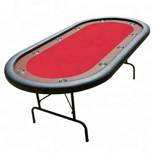 10-Player Casino Poker Game Table with Red Felt, Stainless Steel Cup Holders, & Dark Wooden Race Track