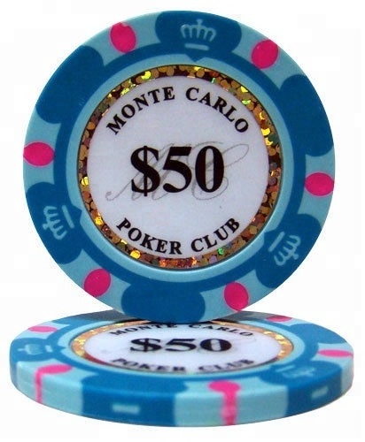 Light Blue $50 Monte Carlo Casino Clay Poker Chips