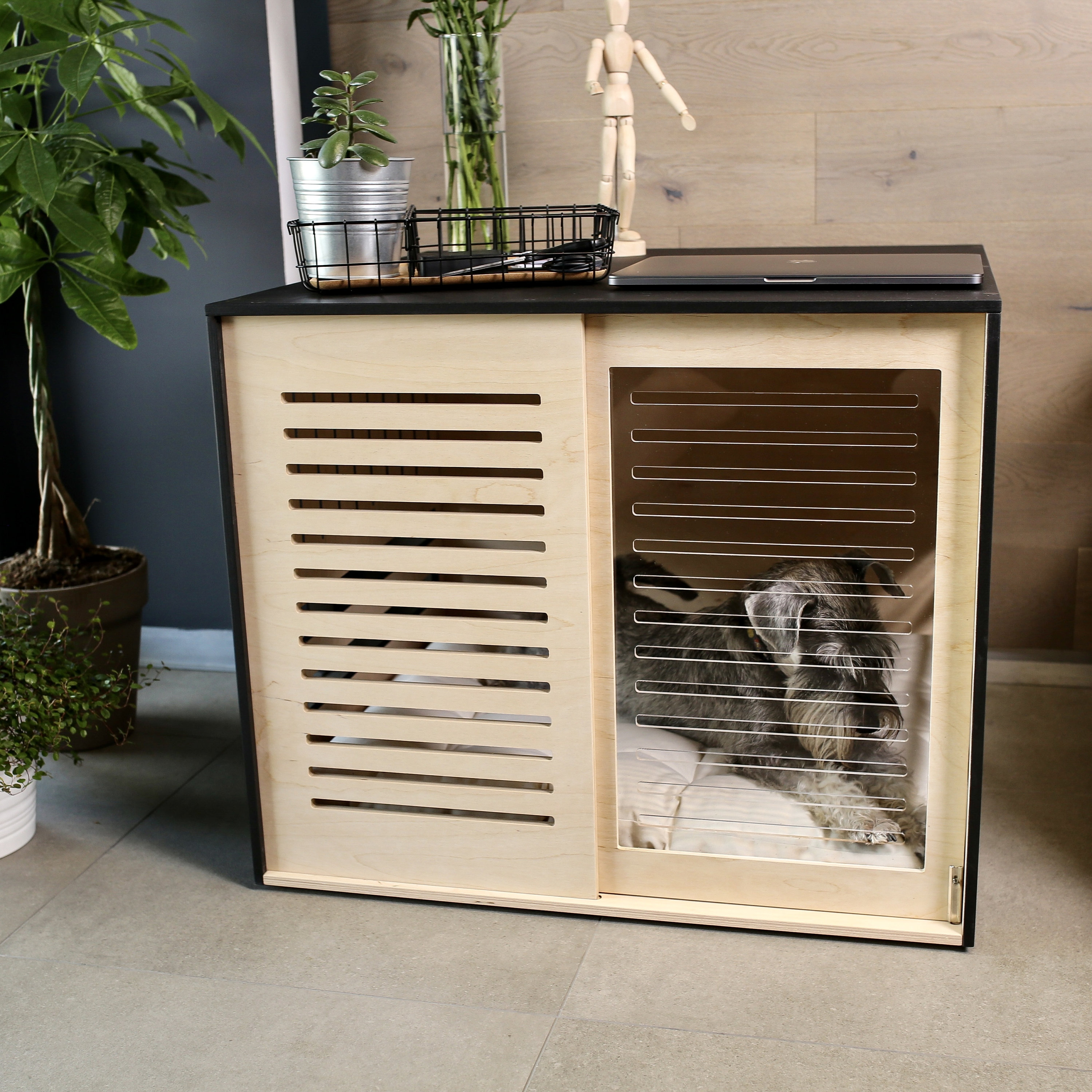 Indoor Modern Dog Crate with Acrylic Sliding Door with a Stopper Dog Kennel House Bed Cage for Living Room Furniture