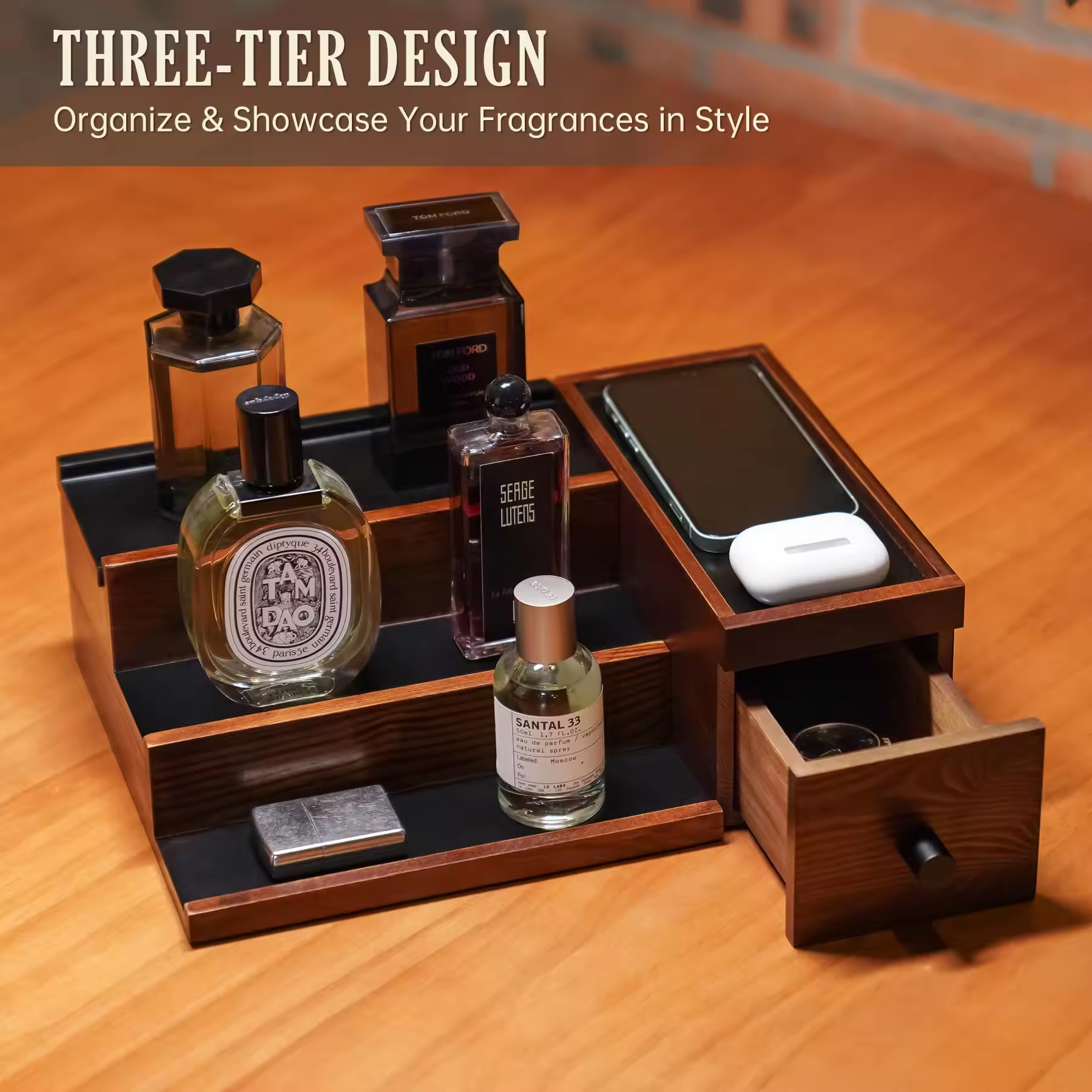 Hot Sale Solid Wood Perfume stand Home Decor Bathroom organizer Wood Fragrance Display Shelf 3 Tier Wooden perfume Organizer