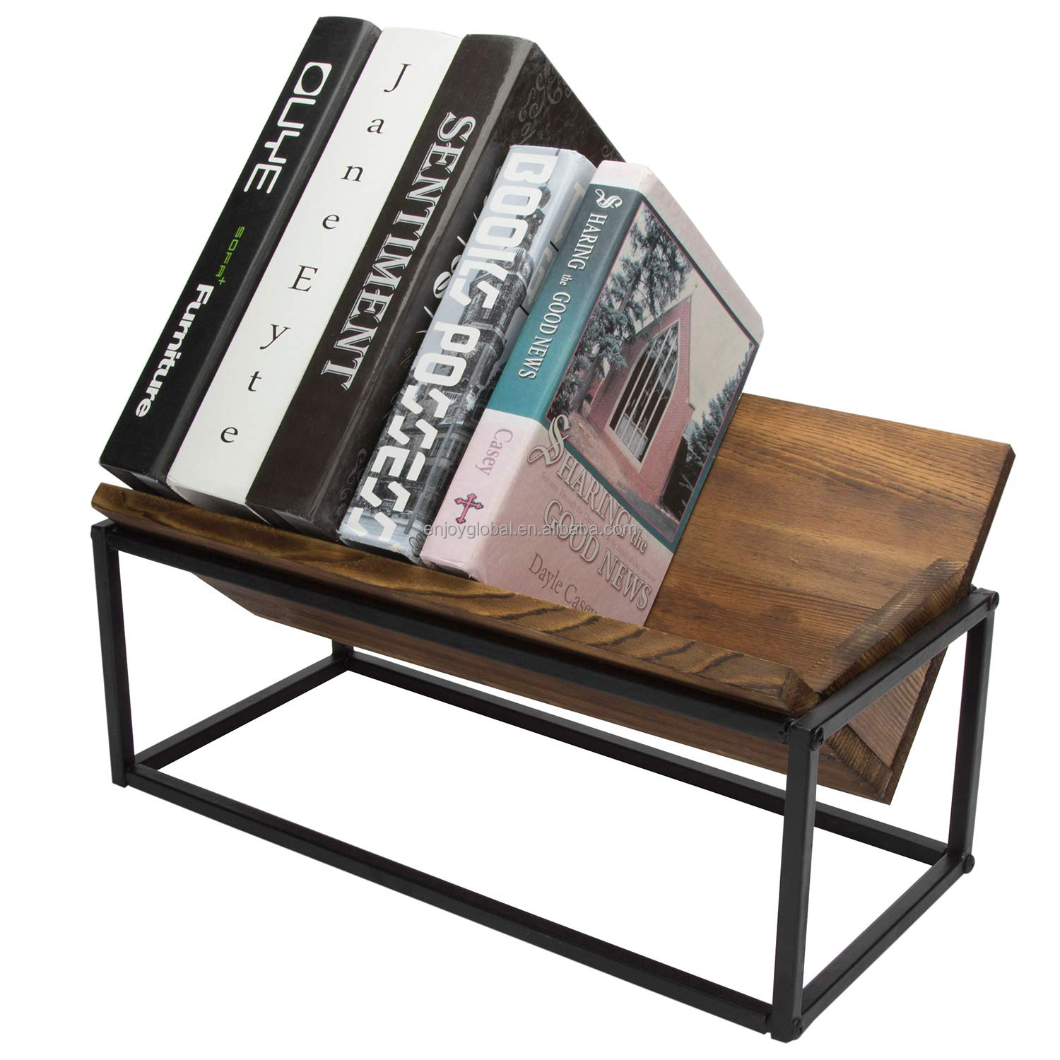 Rustic Burnt Wood and Industrial Black Metal Trough Style Desktop Book Storage Organizer Book Stand Wooden Shelf Wood Rack