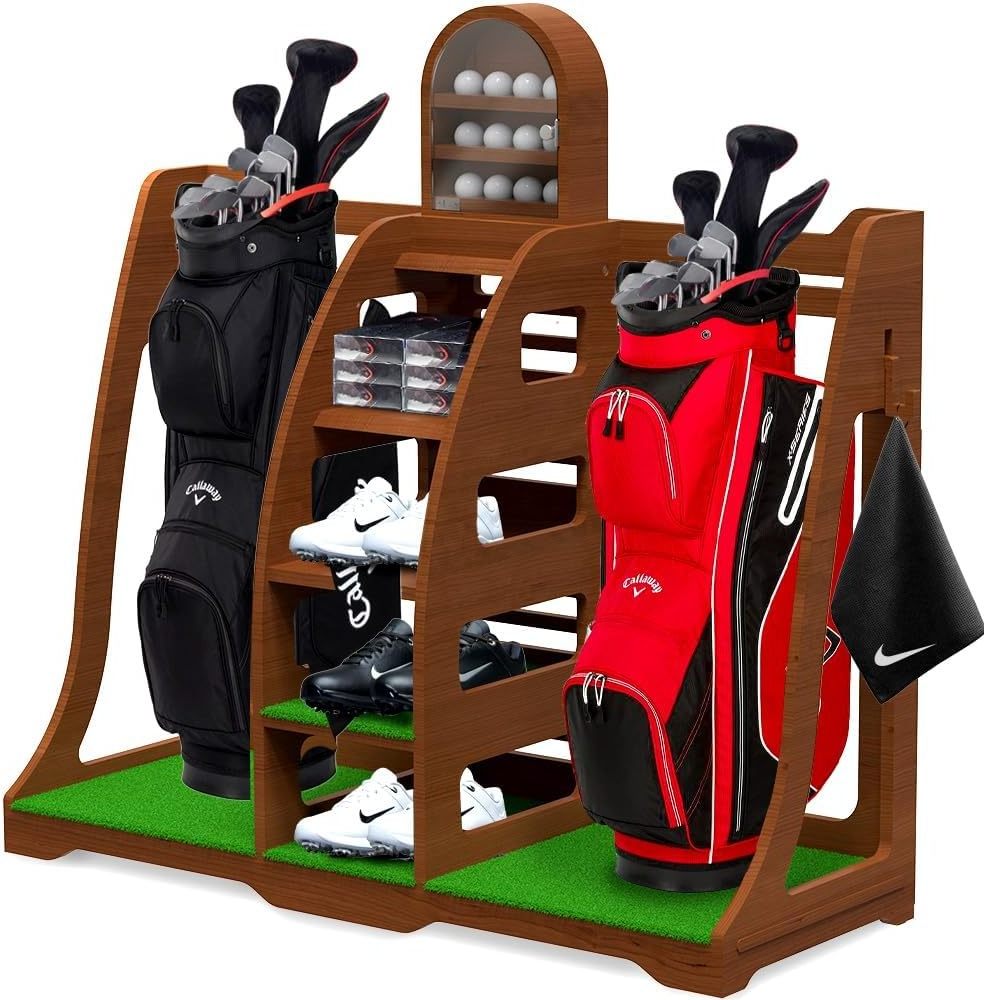 Sports Golf Bag Organizer - Handcrafted Wood Design, Golf Bag Stand Golf Storage Shelves, Golf Garage Rack