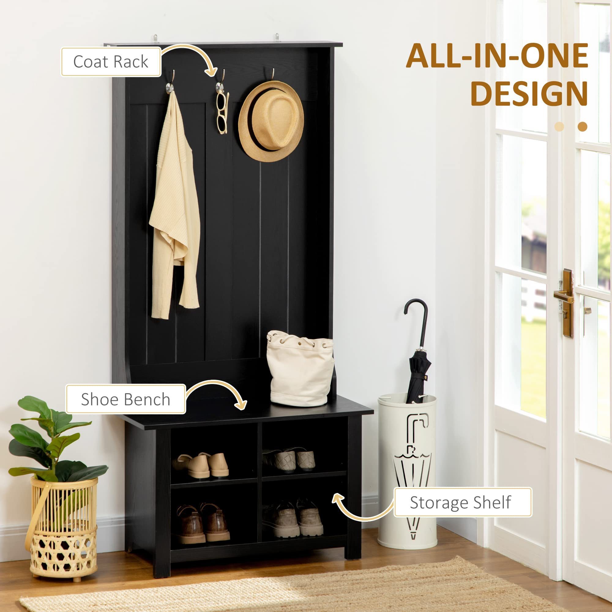 Multipurpose Furniture Organizer Accent Coat Tree with Cute Shoe Bench Entryway Storage Shelves 3 in 1 Hall Tree Coat Rack