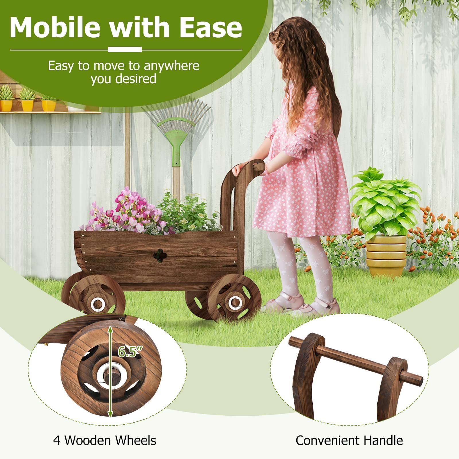 Garden Wagon Decor with Wheels Rustic Flower Pot Planters Wagon Indoor Outdoor Backyard Balcony Raised Garden Bed Planter Box