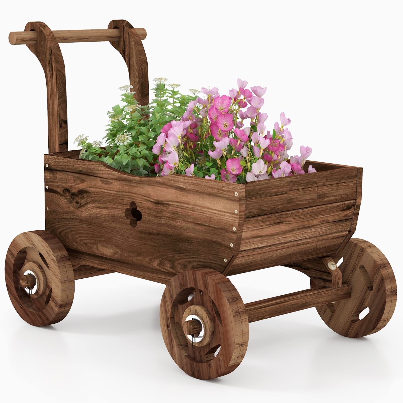 Garden Wagon Decor with Wheels Rustic Flower Pot Planters Wagon Indoor Outdoor Backyard Balcony Raised Garden Bed Planter Box