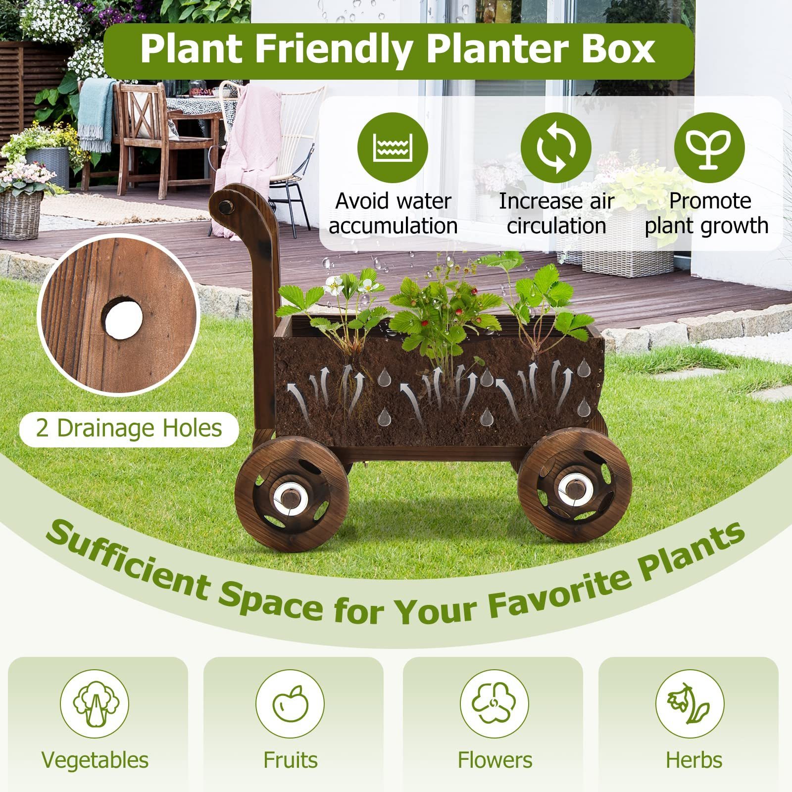 Garden Wagon Decor with Wheels Rustic Flower Pot Planters Wagon Indoor Outdoor Backyard Balcony Raised Garden Bed Planter Box